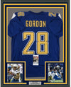 Framed Autographed/Signed Melvin Gordon 35x39 Los Angeles LA Color Rush Football Jersey JSA COA