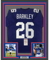 Framed Autographed/Signed Saquon Barkley 35x39 New York Blue Football Jersey JSA COA