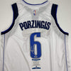 Autographed/Signed Kristaps Porzingis Dallas White Basketball Jersey Beckett BAS COA