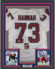 Framed Autographed/Signed John Hannah HOF 91 35x39 New England White Football Jersey JSA COA
