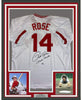 Framed Autographed/Signed Pete Rose Inscribed Charlie Hustle 35x39 Cincinnati White Baseball Jersey Athlete Hologram COA #1