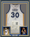 Framed Autographed/Signed Stephen Steph Curry 35x39 Golden State White Basketball Jersey JSA COA/LOA