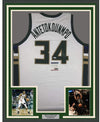 Framed Autographed/Signed Giannis Antetokounmpo 35x39 Milwaukee White Basketball Jersey PSA/DNA COA