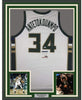 Framed Autographed/Signed Giannis Antetokounmpo 35x39 Milwaukee White Basketball Jersey PSA/DNA COA