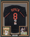 Framed Autographed/Signed Cal Ripken Jr. 35x39 Baltimore Black Baseball Jersey JSA COA
