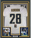 Framed Autographed/Signed Melvin Gordon 35x39 Los Angeles LA White Football Jersey JSA COA