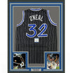 Framed Autographed/Signed Shaquille Shaq O'Neal 35x39 Orlando Black Pinstripe Basketball Jersey Beckett BAS COA