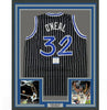 Framed Autographed/Signed Shaquille Shaq O'Neal 35x39 Orlando Black Pinstripe Basketball Jersey Beckett BAS COA