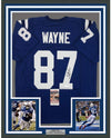 Framed Autographed/Signed Reggie Wayne 35x39 Indianapolis Blue Football Jersey JSA COA