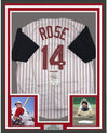 Framed Autographed/Signed Pete Rose 4256 35x39 Cincinnati Pinstripe Baseball Jersey JSA COA