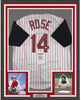 Framed Autographed/Signed Pete Rose 4256 35x39 Cincinnati Pinstripe Baseball Jersey JSA COA