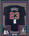 Framed Autographed/Signed David Justice 35x39 Atlanta Blue Baseball Jersey JSA COA