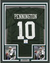Framed Autographed/Signed Chad Pennington 35x39 New York Green Football Jersey Beckett BAS COA