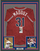 Framed Autographed/Signed Greg Maddux 35x39 Atlanta Red Baseball Jersey JSA COA