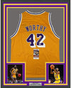 Framed Autographed/Signed James Worthy 35x39 Los Angeles LA Yellow Basketball Jersey JSA COA