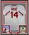 Framed Autographed/Signed Pete Rose Inscribed Charlie Hustle 35x39 Cincinnati White Baseball Jersey Athlete Hologram COA #2
