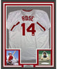 Framed Autographed/Signed Pete Rose Inscribed Charlie Hustle 35x39 Cincinnati White Baseball Jersey Athlete Hologram COA #2