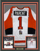 Framed Autographed/Signed Bernie Parent 35x39 Philadelphia White Hockey Jersey JSA COA