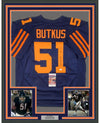 Framed Autographed/Signed Dick Butkus HOF 79 35x39 Chicago Retro Blue Football Jersey JSA COA