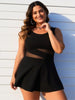 Women's Plus Size Swimdress — Black Mesh Cutout Waist & Flared Skirt by FitiqueFit