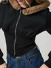 Black Fuzzy Hem Hooded Zip-Up Jacket With Long Sleeves and Casual Style Jacket by Stevvex