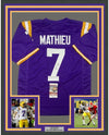 Framed Autographed/Signed Tyrann Mathieu 35x39 LSU Purple College Football Jersey JSA COA