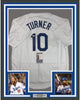 Framed Autographed/Signed Justin Turner 35x39 Los Angeles LA White Baseball Jersey JSA COA