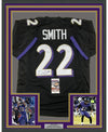 Framed Autographed/Signed Jimmy Smith 35x39 Baltimore Black Football Jersey JSA COA