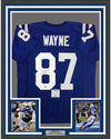 Framed Autographed/Signed Reggie Wayne 35x39 Indianapolis Colts Blue Football Jersey Beckett BAS COA
