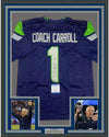 Framed Autographed/Signed Coach Pete Carroll 35x39 Seattle Blue Football Jersey Beckett BAS COA