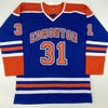 Autographed/Signed Grant Fuhr Edmonton Blue Hockey Jersey Beckett BAS COA
