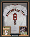 Framed Autographed/Signed Cal Ripken Jr. 35x39 Baltimore White Baseball Jersey JSA COA