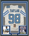 Framed Autographed/Signed Lawrence Taylor 35x39 North Carolina UNC White College Football Jersey JSA COA