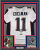 Framed Autographed/Signed Julian Edelman 35x39 New England White Football Jersey Beckett BAS COA