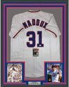Framed Autographed/Signed Greg Maddux 35x39 Chicago White Baseball Jersey JSA COA