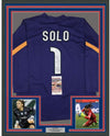 Framed Autographed/Signed Hope Solo 35x39 Purple Long Sleeve Soccer Team USA World Cup Jersey JSA COA
