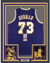 Framed Autographed/Signed Dennis Rodman 35x39 Los Angeles LA Purple Basketball Jersey JSA COA
