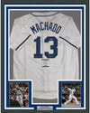 Framed Autographed/Signed Manny Machado 35x39 San Diego White Baseball Jersey Beckett BAS COA