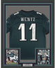 Framed Autographed/Signed Carson Wentz 35x39 Philadelphia Eagles Green Nike Dri Fit Football Jersey Fanatics COA