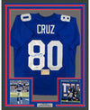 Framed Autographed/Signed Victor Cruz 35x39 New York Blue Football Jersey Steiner Sports COA