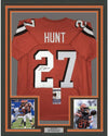 Framed Autographed/Signed Kareem Hunt 35x39 Cleveland Orange Football Jersey JSA COA