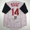 Autographed/Signed Pete Rose Cincinnati Pinstripe Baseball Jersey JSA COA