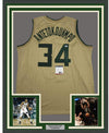 Framed Autographed/Signed Giannis Antetokounmpo 35x39 Milwaukee Tan Basketball Jersey PSA/DNA COA