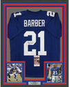 Framed Autographed/Signed Tiki Barber 35x39 New York Blue Football Jersey JSA COA