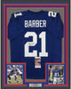 Framed Autographed/Signed Tiki Barber 35x39 New York Blue Football Jersey JSA COA