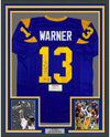 Framed Autographed/Signed Kurt Warner 35x39 St. Louis Blue Football Jersey Tristar COA