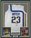 Framed Autographed/Signed Ron Artest Metta World Peace 35x39 Indiana White Basketball Jersey PSA/DNA COA