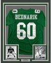 Framed Autographed/Signed Chuck Bednarik HOF 67 35x39 Philadelphia Kelly Green Football Jersey JSA COA