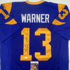 Autographed/Signed Kurt Warner St. Louis Blue Football Jersey JSA COA