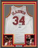 Framed Autographed/Signed Hakeem Olajuwon 35x39 Houston White Basketball Jersey Beckett BAS COA